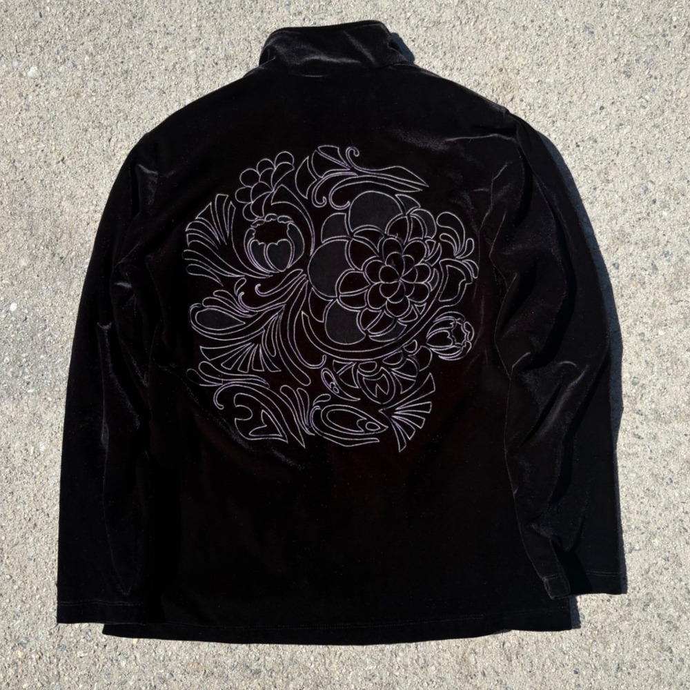VTG Chico's Black Velour Full Zip Jacket - Floral Back Embroidery - Size 2